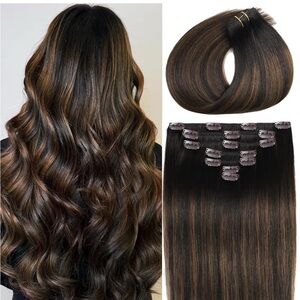 20” Clip-In Hair Extensions - Dark Brown with Caramel Highlights 5 PCs